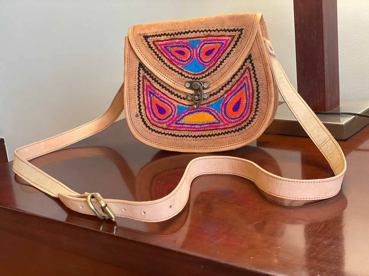 Nature's Own Genuine Leather Cross Body Bags with Hand Embroidery Work & Metal Buckle - Design No. NL121