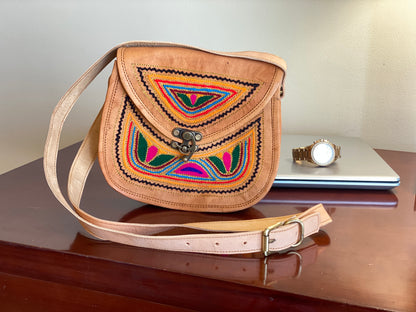 Nature's Own Genuine Leather Cross Body Bags with Hand Embroidery Work & Metal Buckle - Design No. NL117