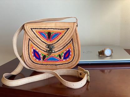 Nature's Own Genuine Leather Cross Body Bags with Hand Embroidery Work & Metal Buckle - Design No. NL103