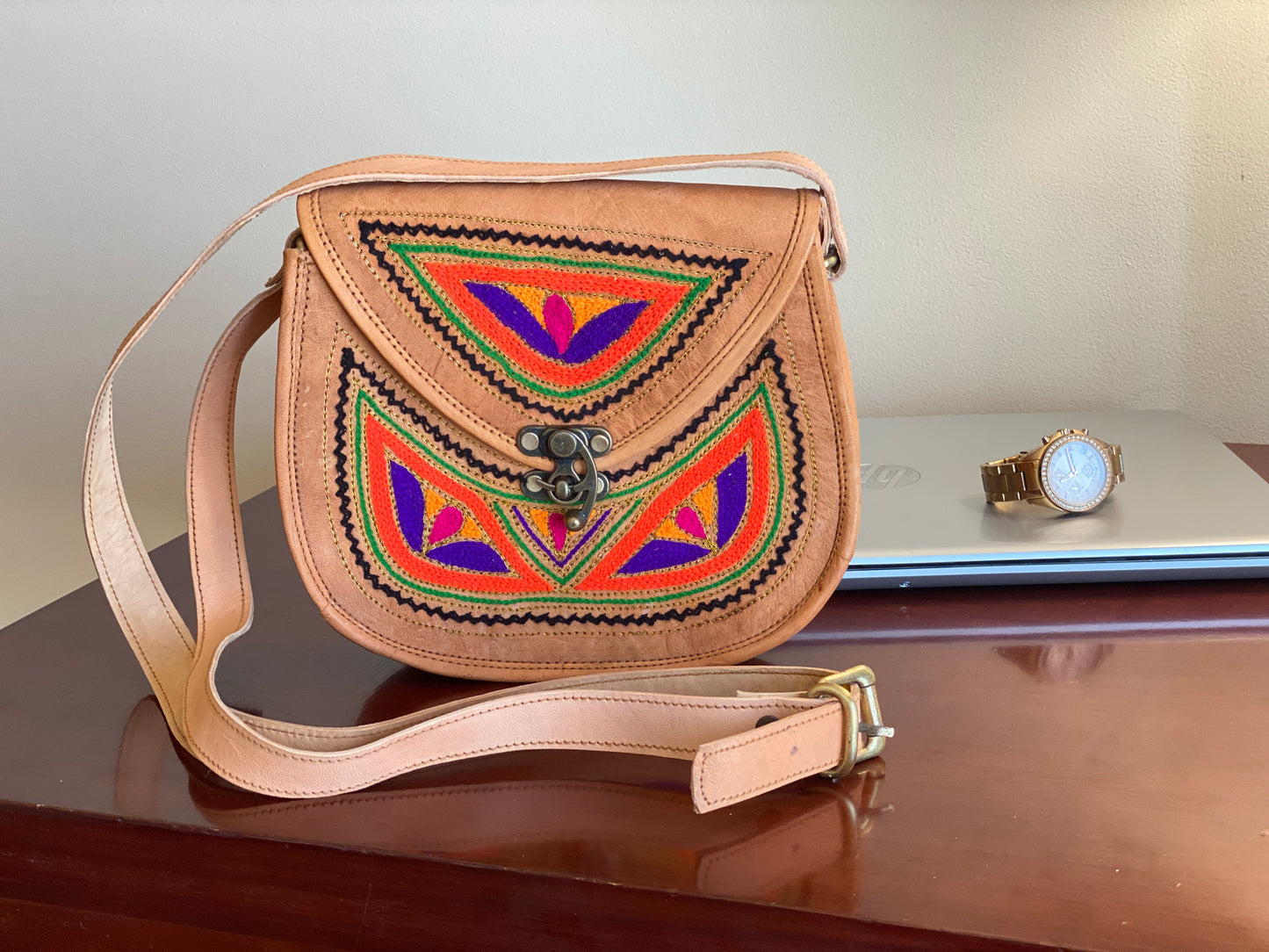 Nature's Own Genuine Leather Cross Body Bags with Hand Embroidery Work & Metal Buckle - Design No. NL119
