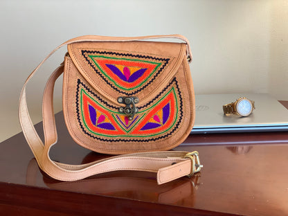 Nature's Own Genuine Leather Cross Body Bags with Hand Embroidery Work & Metal Buckle - Design No. NL119