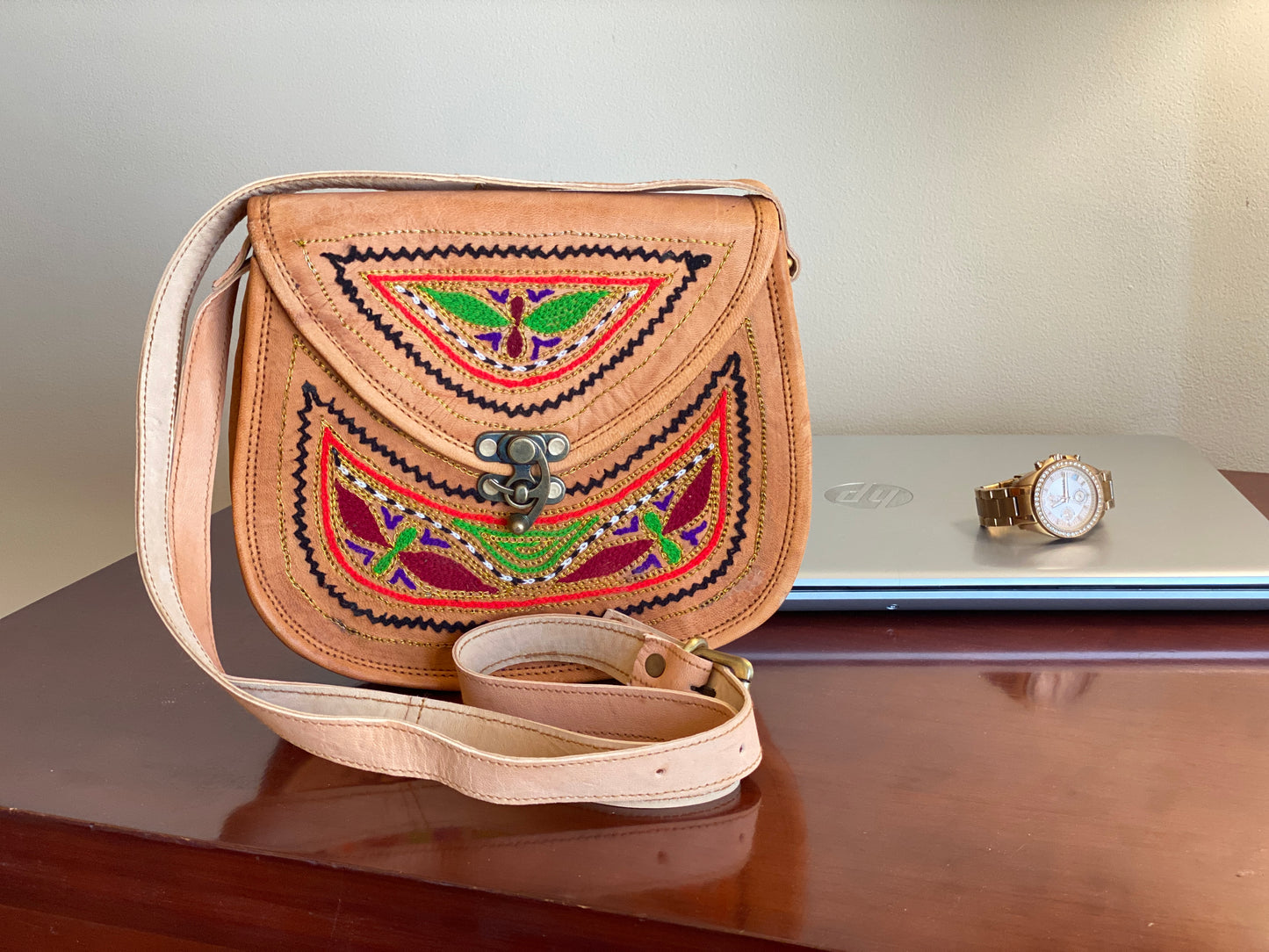 Nature's Own Genuine Leather Cross Body Bags with Hand Embroidery Work & Metal Buckle - Design No. NL116