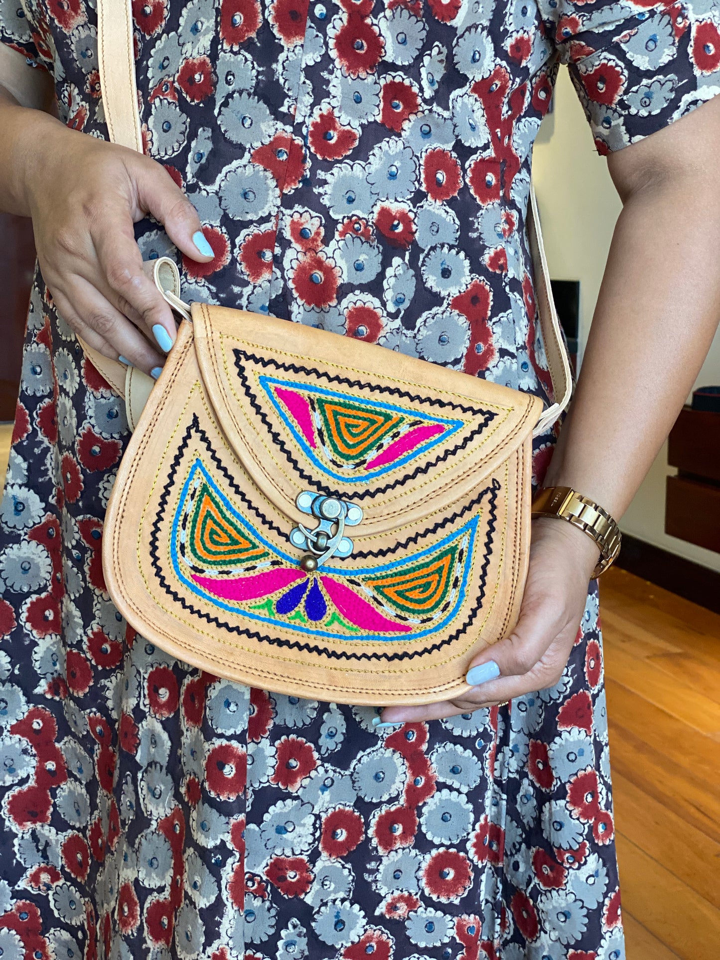 Nature's Own Genuine Leather Cross Body Bags with Hand Embroidery Work & Metal Buckle - Design No. NL105