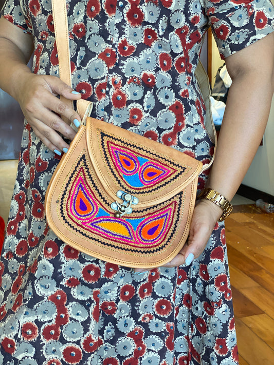 Nature's Own Genuine Leather Cross Body Bags with Hand Embroidery Work & Metal Buckle - Design No. NL121