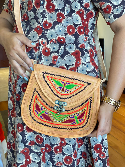 Nature's Own Genuine Leather Cross Body Bags with Hand Embroidery Work & Metal Buckle - Design No. NL116
