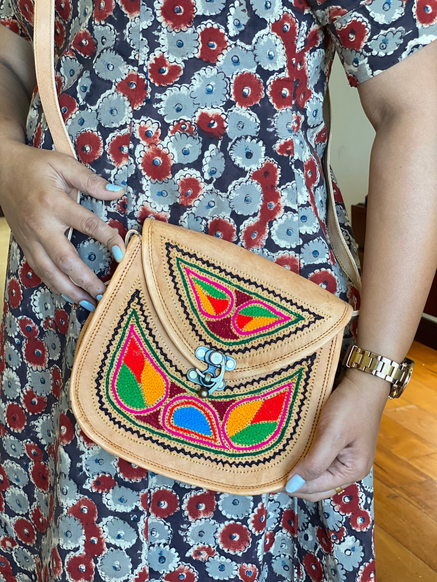 Nature's Own Genuine Leather Cross Body Bags with Hand Embroidery Work & Metal Buckle - Design No. NL102