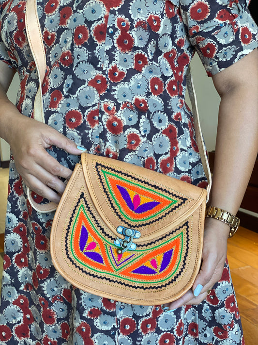 Nature's Own Genuine Leather Cross Body Bags with Hand Embroidery Work & Metal Buckle - Design No. NL119