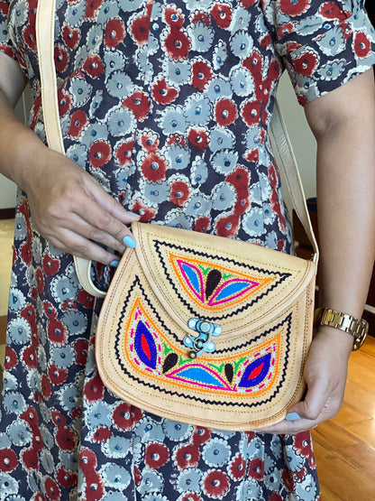 Nature's Own Genuine Leather Cross Body Bags with Hand Embroidery Work & Metal Buckle - Design No. NL103
