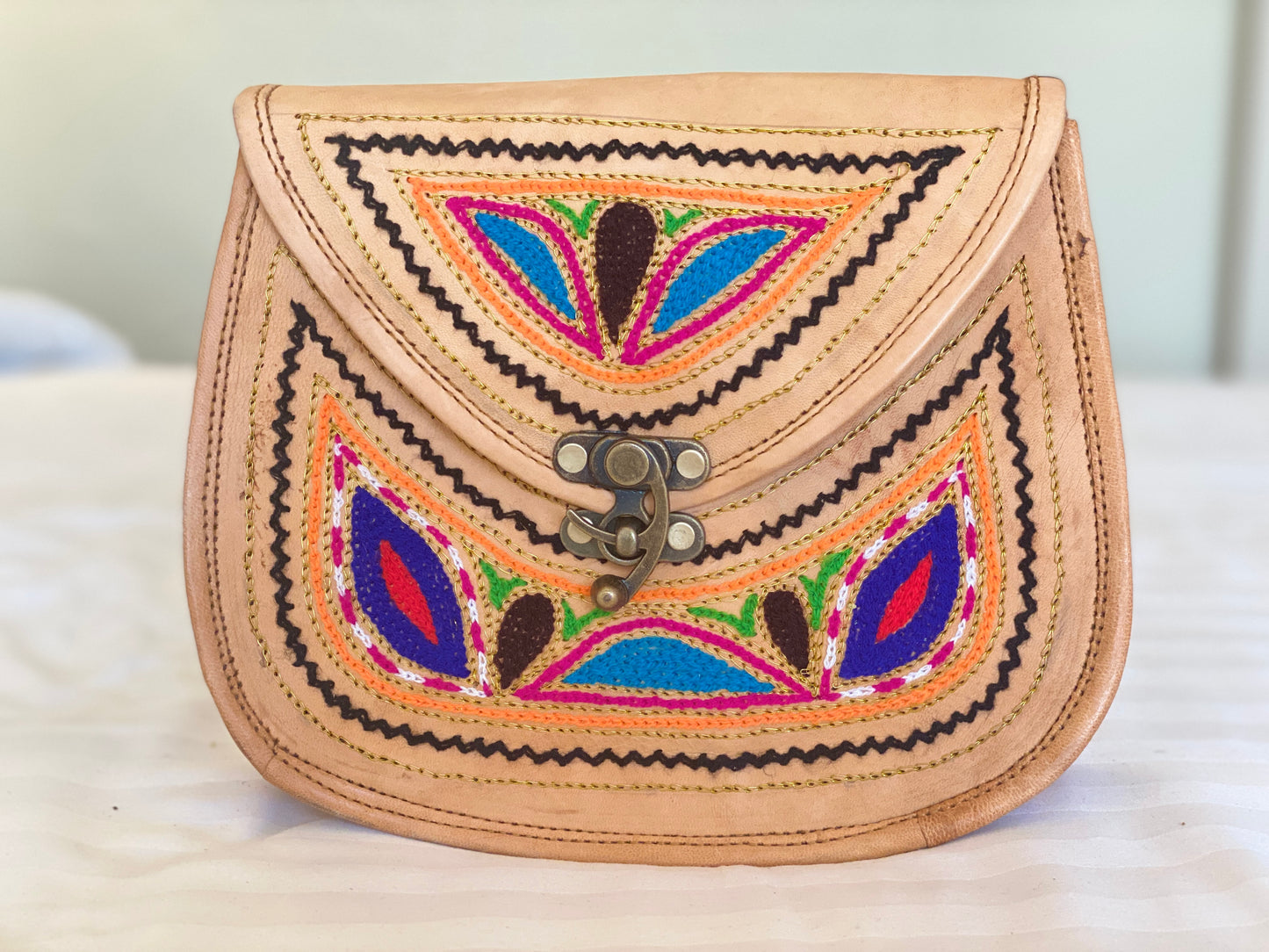 Nature's Own Genuine Leather Cross Body Bags with Hand Embroidery Work & Metal Buckle - Design No. NL103