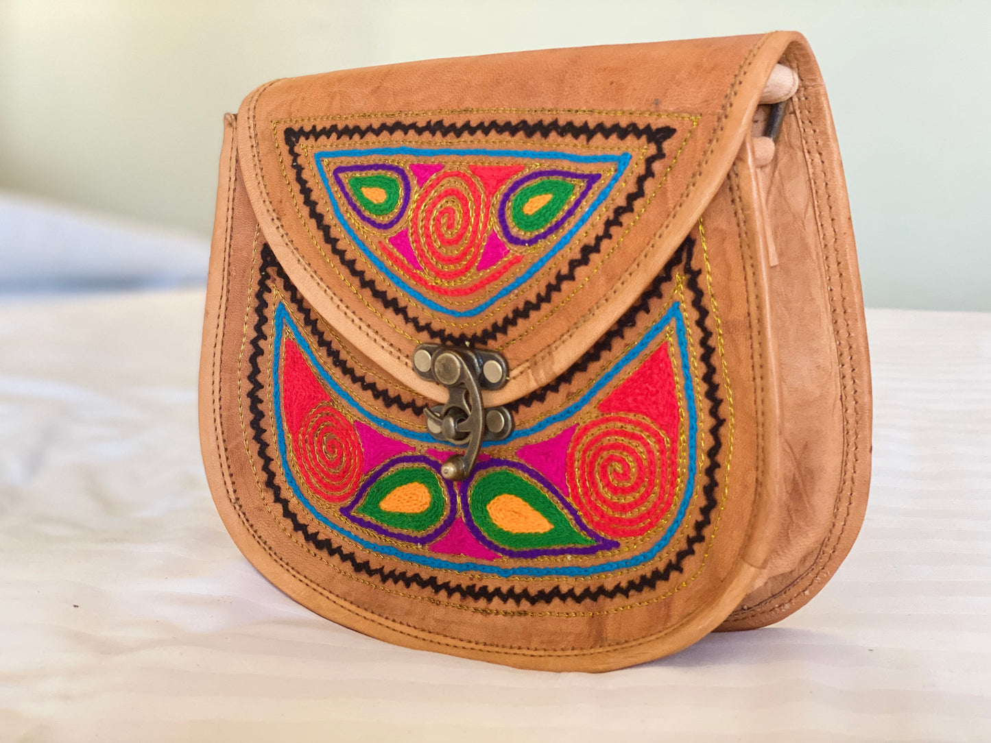 Nature's Own Genuine Leather Cross Body Bags with Hand Embroidery Work & Metal Buckle - Design No. NL106
