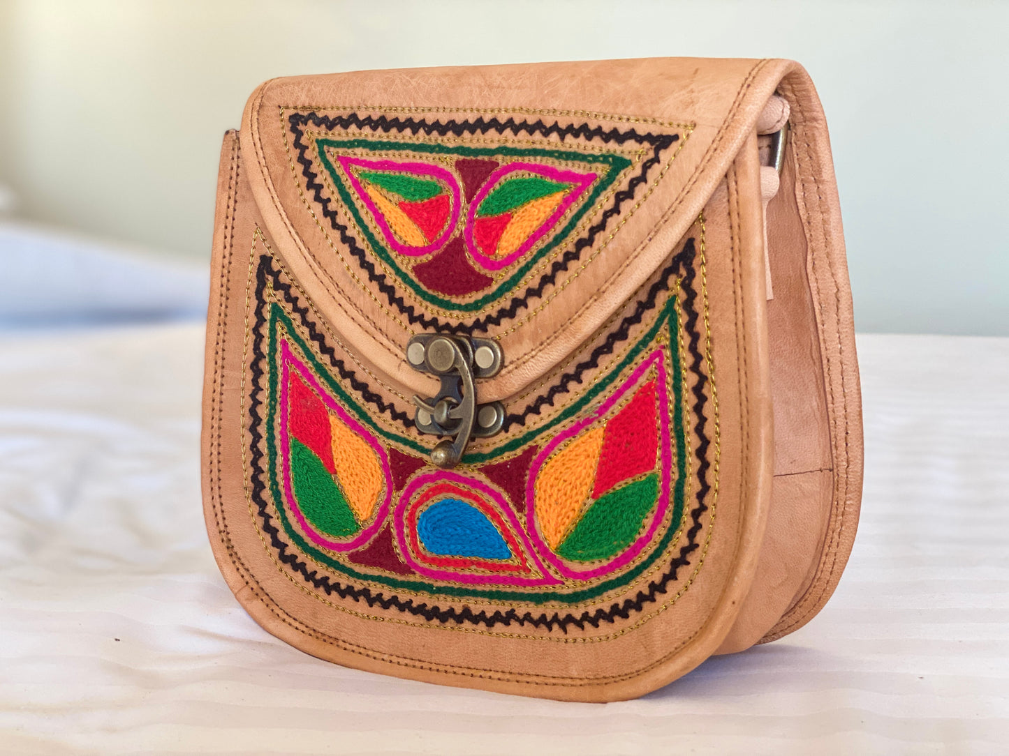 Nature's Own Genuine Leather Cross Body Bags with Hand Embroidery Work & Metal Buckle - Design No. NL102