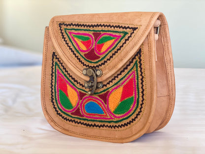 Nature's Own Genuine Leather Cross Body Bags with Hand Embroidery Work & Metal Buckle - Design No. NL102