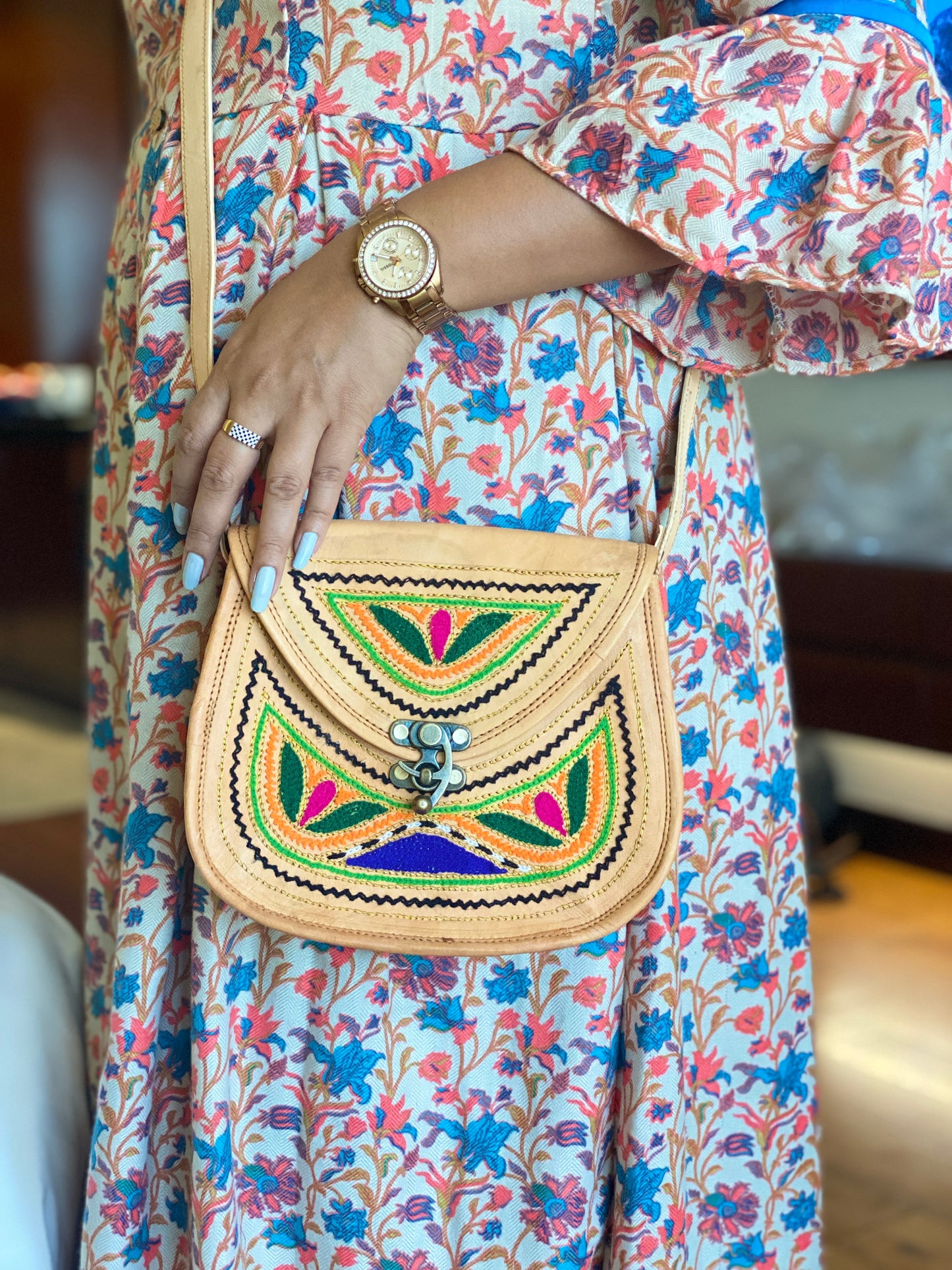 Nature's Own Genuine Leather Cross Body Bags with Hand Embroidery Work & Metal Buckle - Design No. NL108