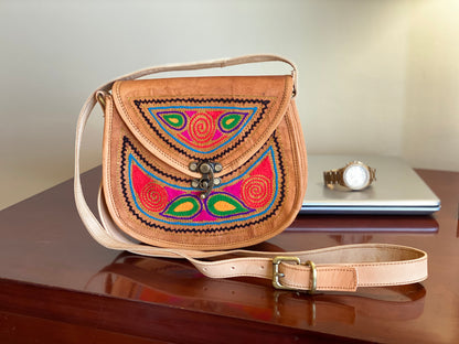 Nature's Own Genuine Leather Cross Body Bags with Hand Embroidery Work & Metal Buckle - Design No. NL106