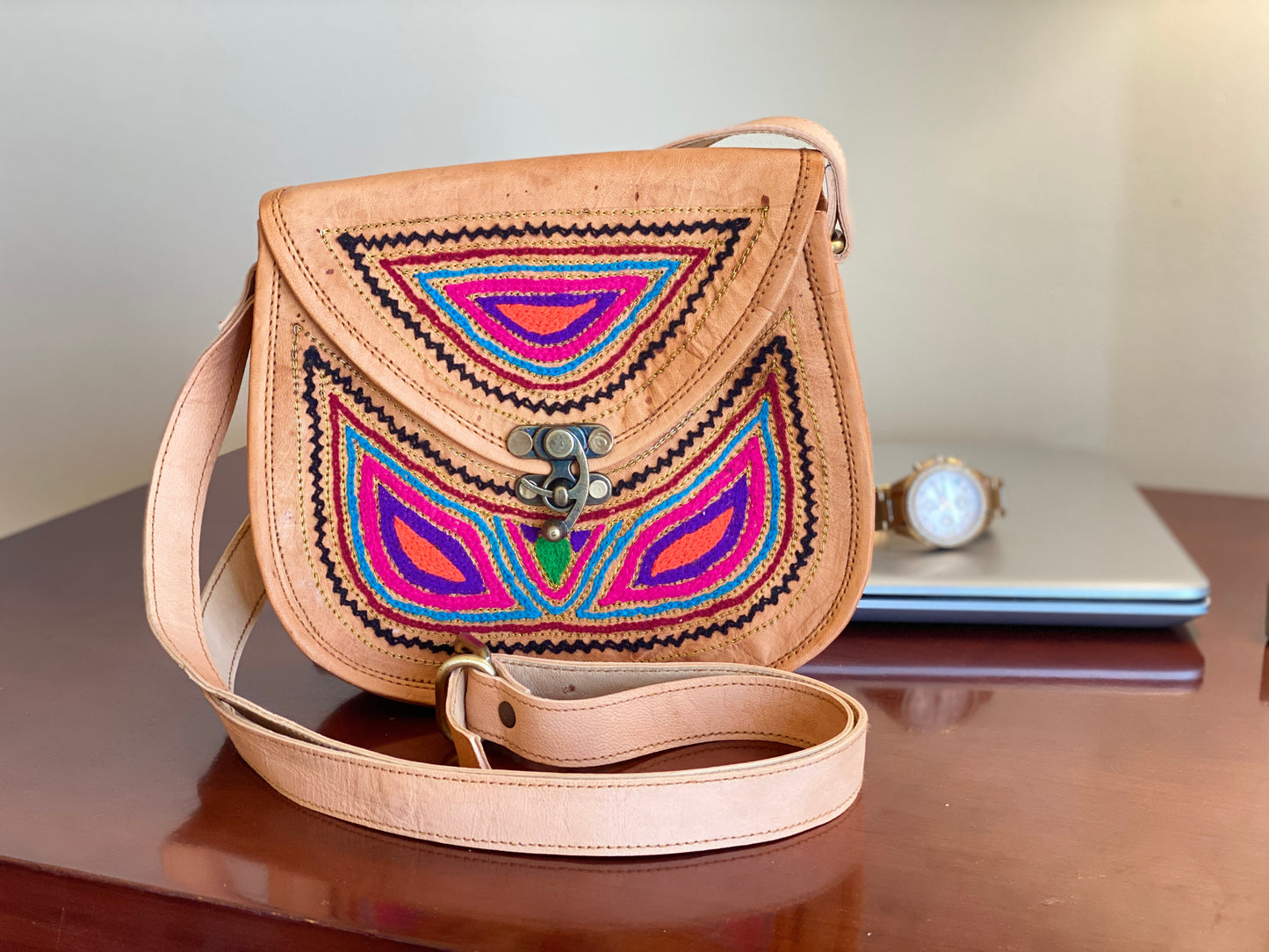 Nature's Own Genuine Leather Cross Body Bags with Hand Embroidery Work & Metal Buckle - Design No. NL112