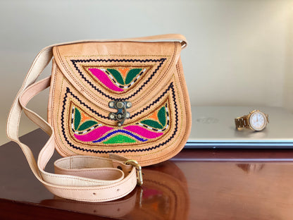 Nature's Own Genuine Leather Cross Body Bags with Hand Embroidery Work & Metal Buckle - Design No. NL110