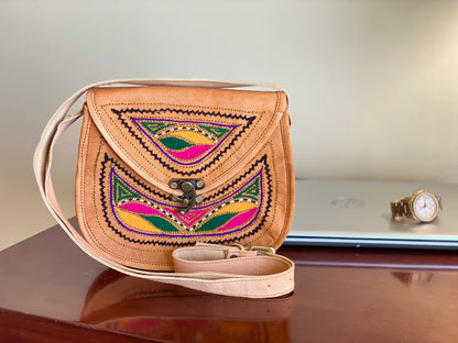 Nature's Own Genuine Leather Cross Body Bags with Hand Embroidery Work & Metal Buckle - Design No. NL113