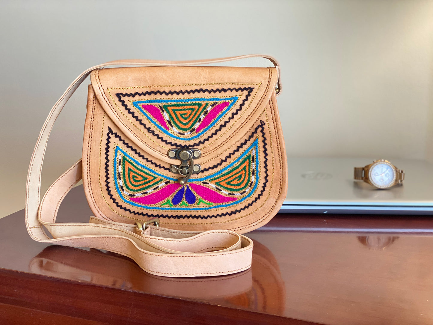 Nature's Own Genuine Leather Cross Body Bags with Hand Embroidery Work & Metal Buckle - Design No. NL105
