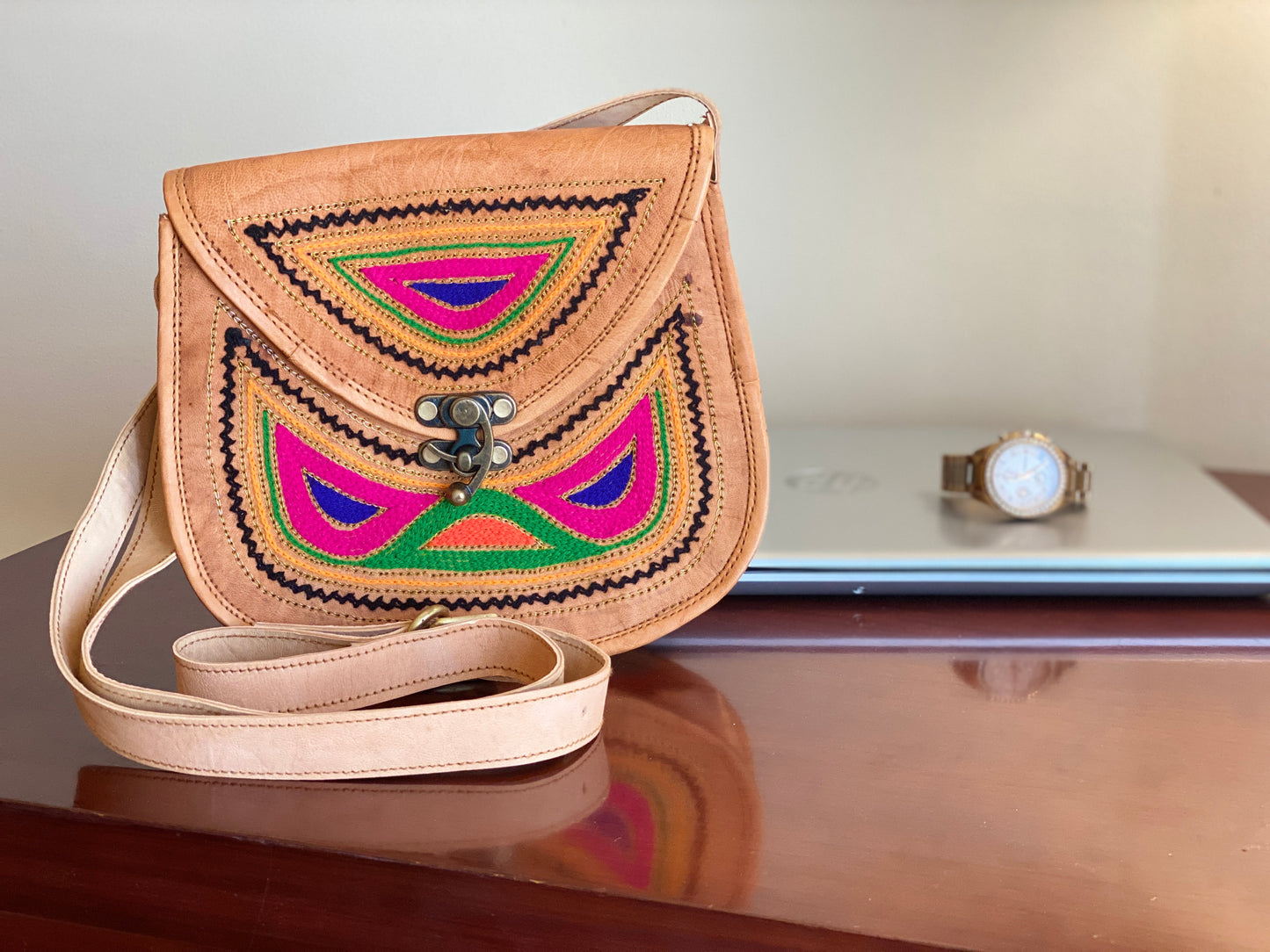 Nature's Own Genuine Leather Cross Body Bags with Hand Embroidery Work & Metal Buckle - Design No. NL111