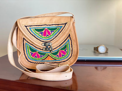 Nature's Own Genuine Leather Cross Body Bags with Hand Embroidery Work & Metal Buckle - Design No. NL114