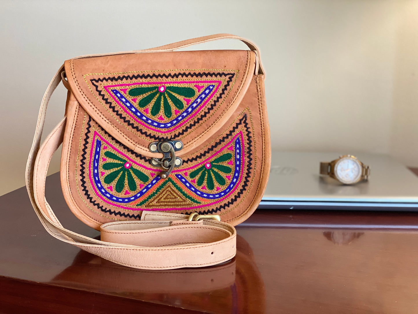 Nature's Own Genuine Leather Cross Body Bags with Hand Embroidery Work & Metal Buckle - Design No. NL109