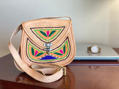 Nature's Own Genuine Leather Cross Body Bags with Hand Embroidery Work & Metal Buckle - Design No. NL108