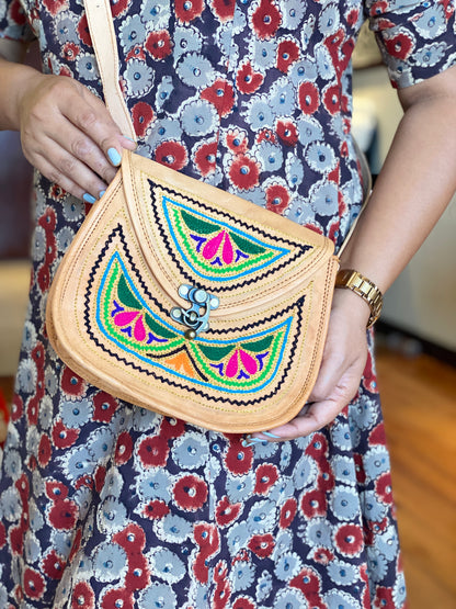 Nature's Own Genuine Leather Cross Body Bags with Hand Embroidery Work & Metal Buckle - Design No. NL114
