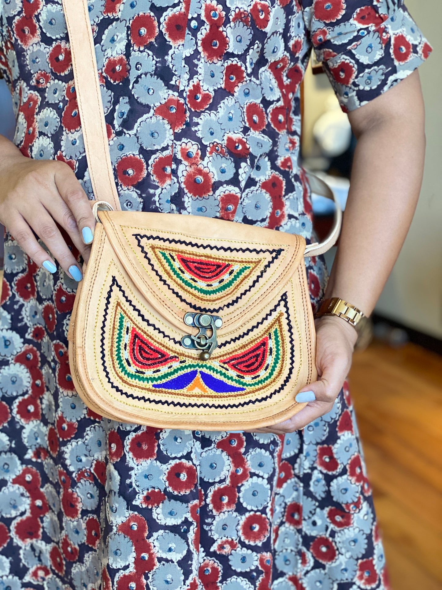 Nature's Own Genuine Leather Cross Body Bags with Hand Embroidery Work & Metal Buckle - Design No. NL108