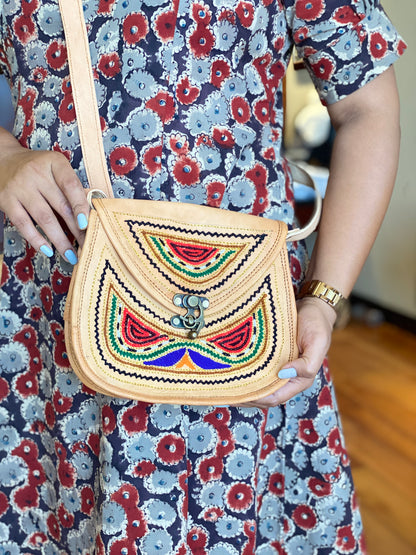 Nature's Own Genuine Leather Cross Body Bags with Hand Embroidery Work & Metal Buckle - Design No. NL108