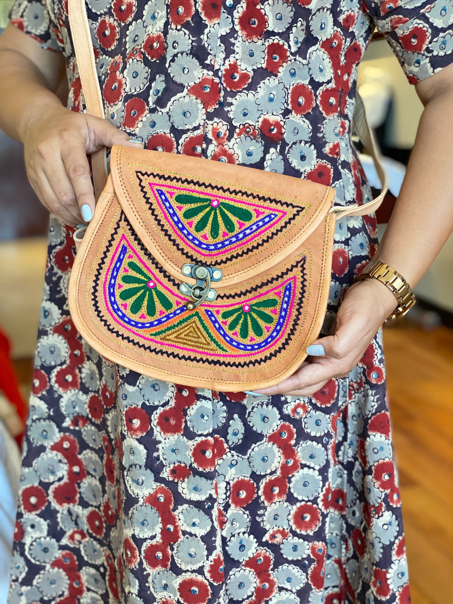 Nature's Own Genuine Leather Cross Body Bags with Hand Embroidery Work & Metal Buckle - Design No. NL109