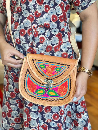 Nature's Own Genuine Leather Cross Body Bags with Hand Embroidery Work & Metal Buckle - Design No. NL106