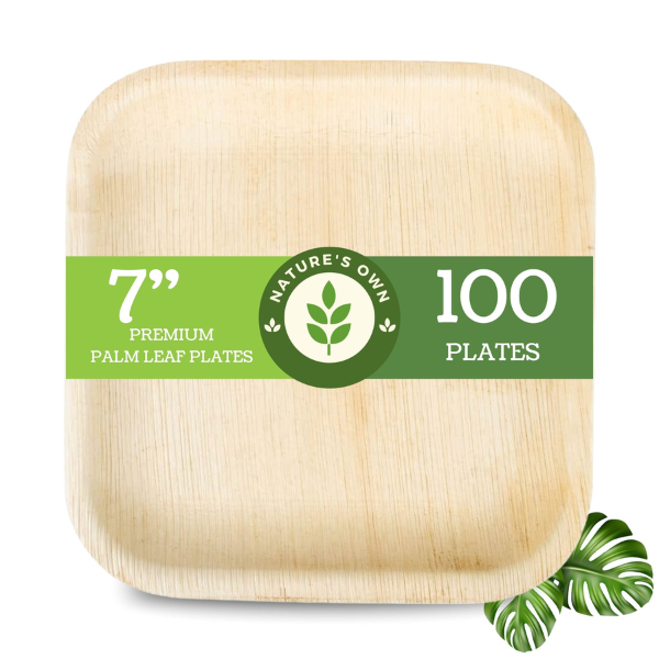 PALM LEAF DISPOSABLE PLATES MADE FROM ARECA LEAF 100% BIO DEGRADABLE TOUGH MATERIAL - SQUARE  7" - PACK OF 25, 50,100,200