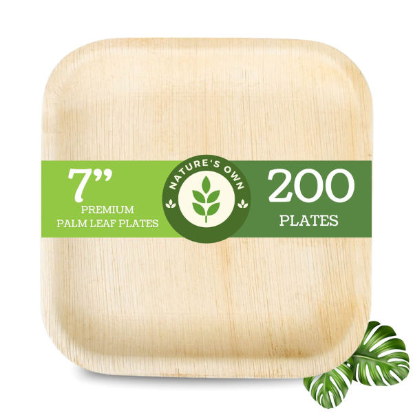 PALM LEAF DISPOSABLE PLATES MADE FROM ARECA LEAF 100% BIO DEGRADABLE TOUGH MATERIAL - SQUARE  7" - PACK OF 25, 50,100,200