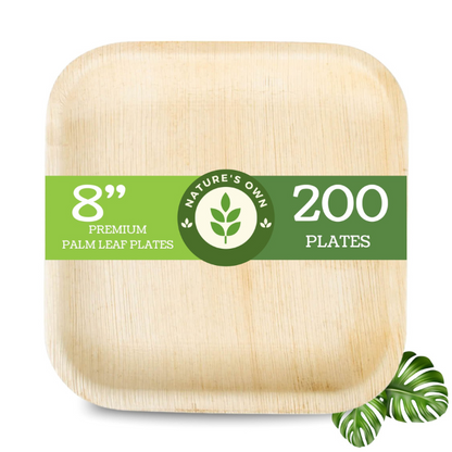 PALM LEAF DISPOSABLE PLATES MADE FROM ARECA LEAF 100% BIO DEGRADABLE TOUGH MATERIAL - SQUARE 8" - PACK OF 25, 50,100,200