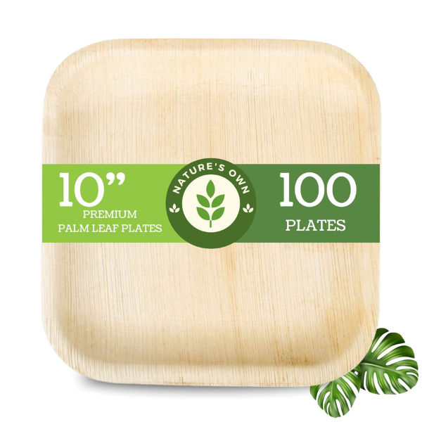 PALM LEAF DISPOSABLE PLATES MADE FROM ARECA LEAF 100% BIO DEGRADABLE TOUGH MATERIAL - SQUARE 10" - PACK OF 25, 50,100,200