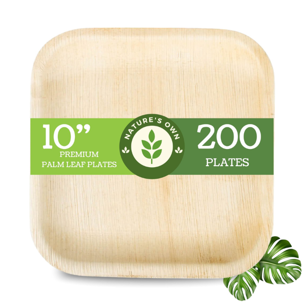 PALM LEAF DISPOSABLE PLATES MADE FROM ARECA LEAF 100% BIO DEGRADABLE TOUGH MATERIAL - SQUARE 10" - PACK OF 25, 50,100,200