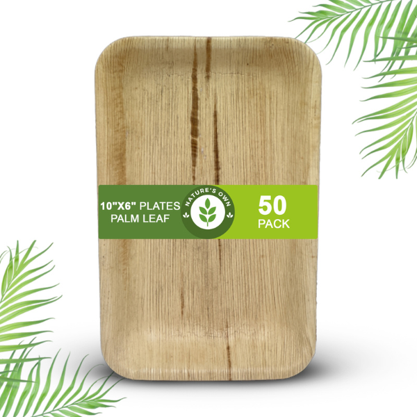 PALM LEAF DISPOSABLE PLATES MADE FROM ARECA LEAF 100% BIO DEGRADABLE TOUGH MATERIAL - RECTANGLE 10X6" - PACK OF 25, 50,100,200