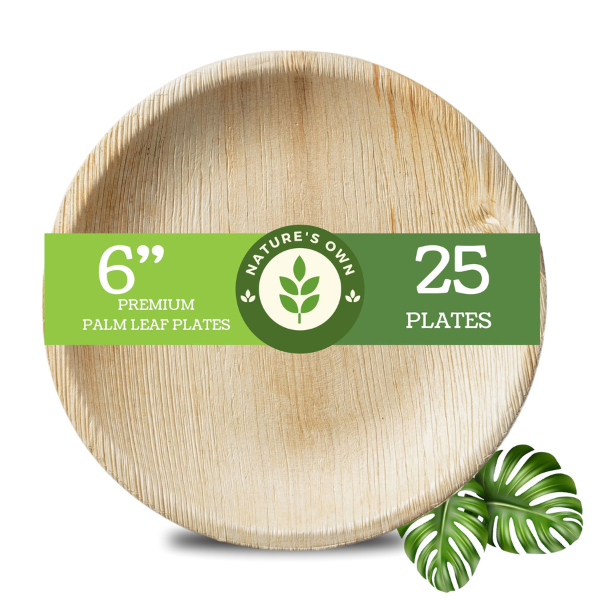 PALM LEAF DISPOSABLE PLATES MADE FROM ARECA LEAF 100% BIO DEGRADABLE TOUGH MATERIAL - ROUND 6" - PACK OF 25, 50,100,200