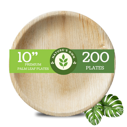PALM LEAF DISPOSABLE PLATES MADE FROM ARECA LEAF 100% BIO DEGRADABLE TOUGH MATERIAL - ROUND 10" - PACK OF 25, 50,100,200