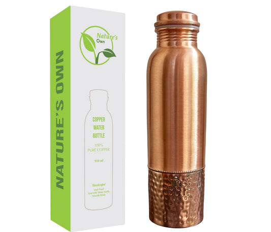 Nature’s Own Copper Water Bottle – 34 Oz Extra Large – Ayurvedic Pure Copper Water Bottle For Drinking – Drink More Water – Leak Proof – Jointless Water Bottle  - Half Plain & Half Hammered Design