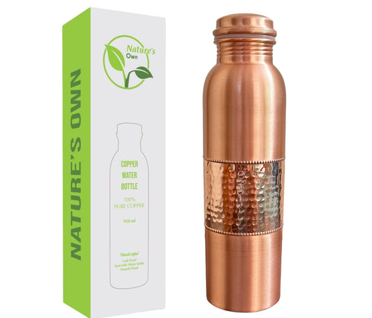 Nature’s Own Copper Water Bottle – 34 Oz Extra Large – Ayurvedic Pure Copper Water Bottle For Drinking – Drink More Water – Leak Proof – Jointless Water Bottle  - Half Plain & Half Hammered Design 01