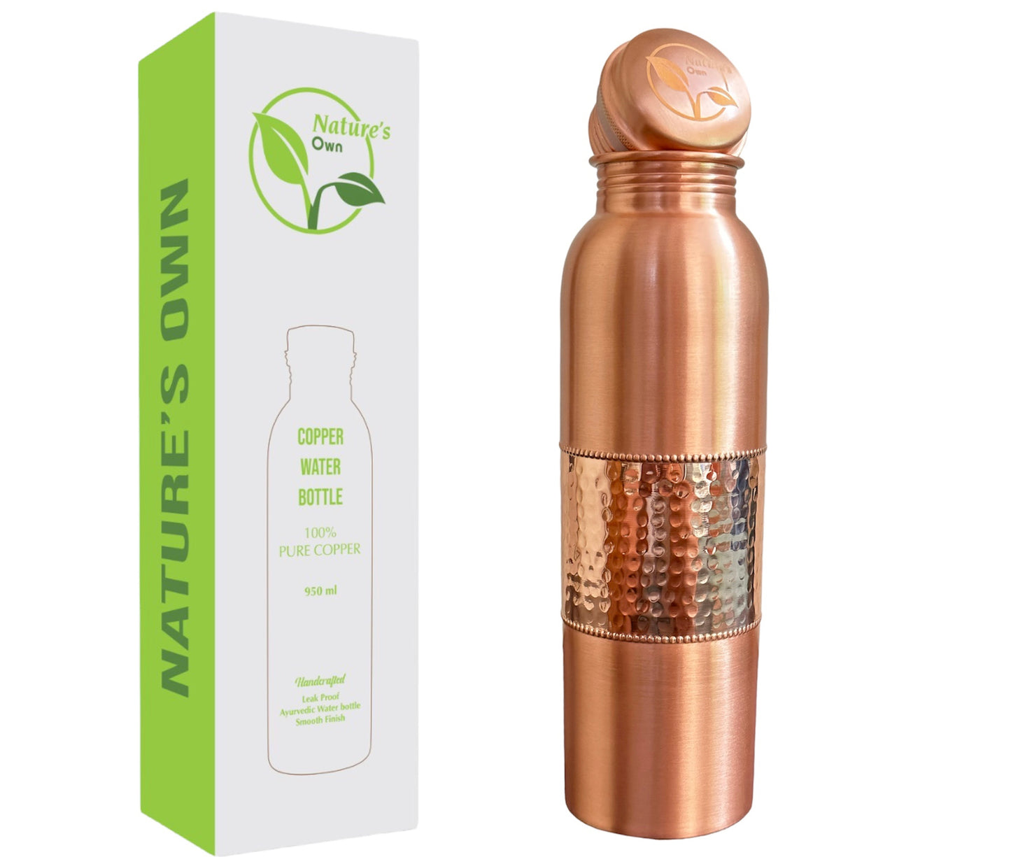Nature’s Own Copper Water Bottle – 34 Oz Extra Large – Ayurvedic Pure Copper Water Bottle For Drinking – Drink More Water – Leak Proof – Jointless Water Bottle  - Half Plain & Half Hammered Design 01