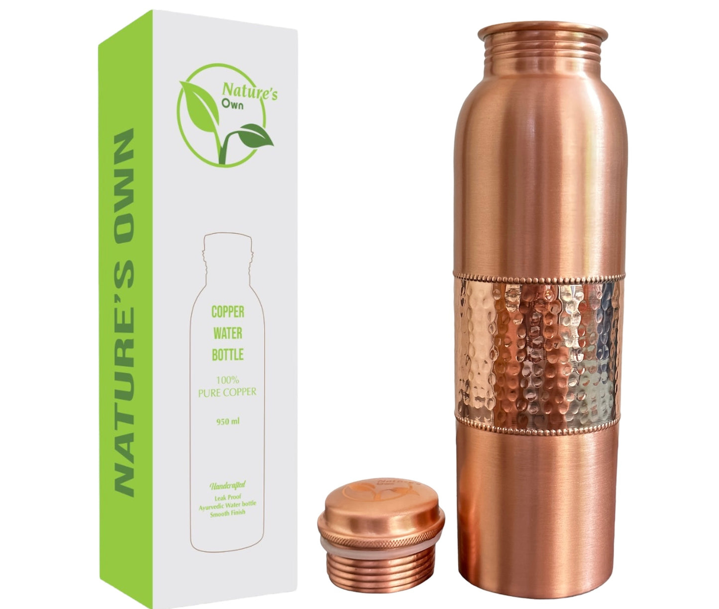 Nature’s Own Copper Water Bottle – 34 Oz Extra Large – Ayurvedic Pure Copper Water Bottle For Drinking – Drink More Water – Leak Proof – Jointless Water Bottle  - Half Plain & Half Hammered Design 01