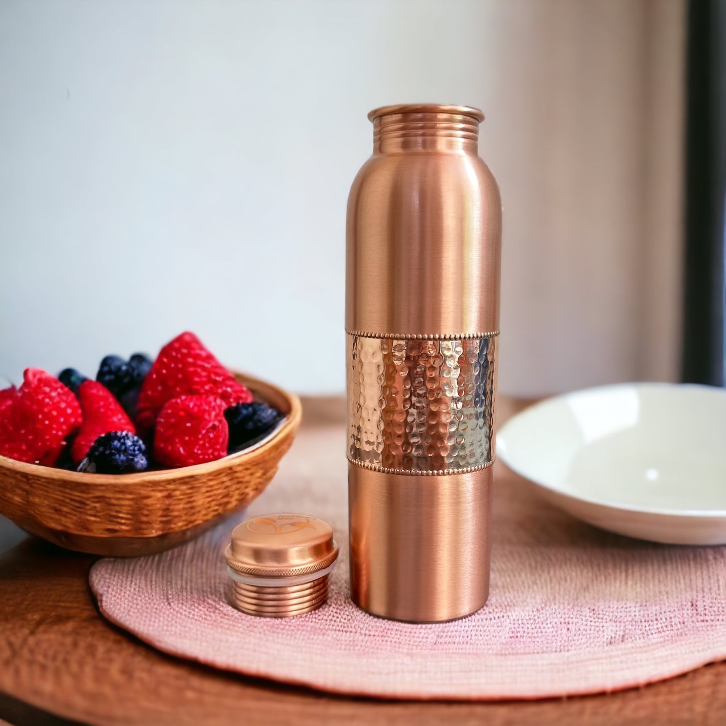 Nature’s Own Copper Water Bottle – 34 Oz Extra Large – Ayurvedic Pure Copper Water Bottle For Drinking – Drink More Water – Leak Proof – Jointless Water Bottle  - Half Plain & Half Hammered Design 01