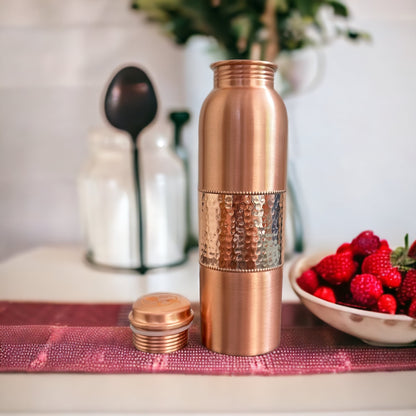 Nature’s Own Copper Water Bottle – 34 Oz Extra Large – Ayurvedic Pure Copper Water Bottle For Drinking – Drink More Water – Leak Proof – Jointless Water Bottle  - Half Plain & Half Hammered Design 01
