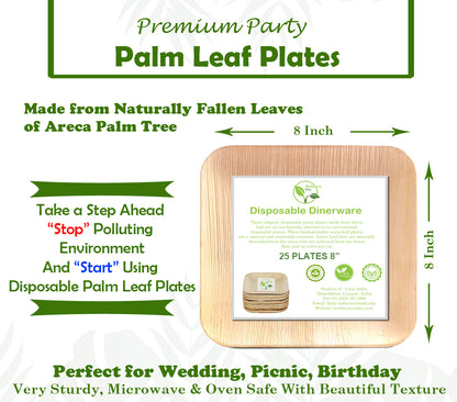 Nature's Own Palm Leaf Disposable Plates Pack of 25 Stronger Than Plastic and Paper Plates (8 inch square)