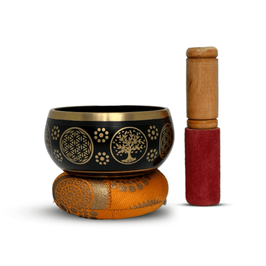 Tibetan Singing Bowl Set 4.5" inch with Holy Buddhist Mantra and Sacred Symbol from Nepal~ Antique design suitable for Yoga, Meditation, Sound Healing & Chakra Balancing - Black