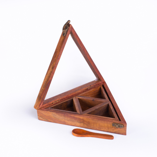 WOODEN SPICE CONTAINER MADE FROM 100% SHEESHAM WOOD WITH WOODEN SPOON - TRIANGLE 4 COMPARTMENTS