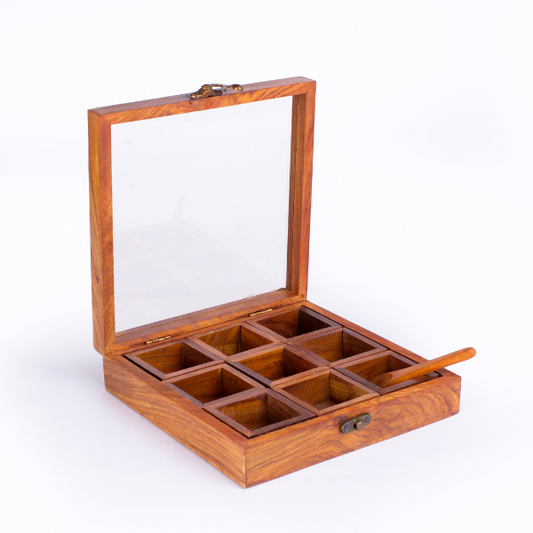 WOODEN SPICE CONTAINER MADE FROM 100% SHEESHAM WOOD WITH WOODEN SPOON - SQUARE 9 COMPARTMENTS