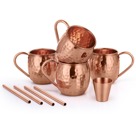 COPPER MUG MADE FROM 100% COPPER - HAMMERED WITH COPPER HANDLE